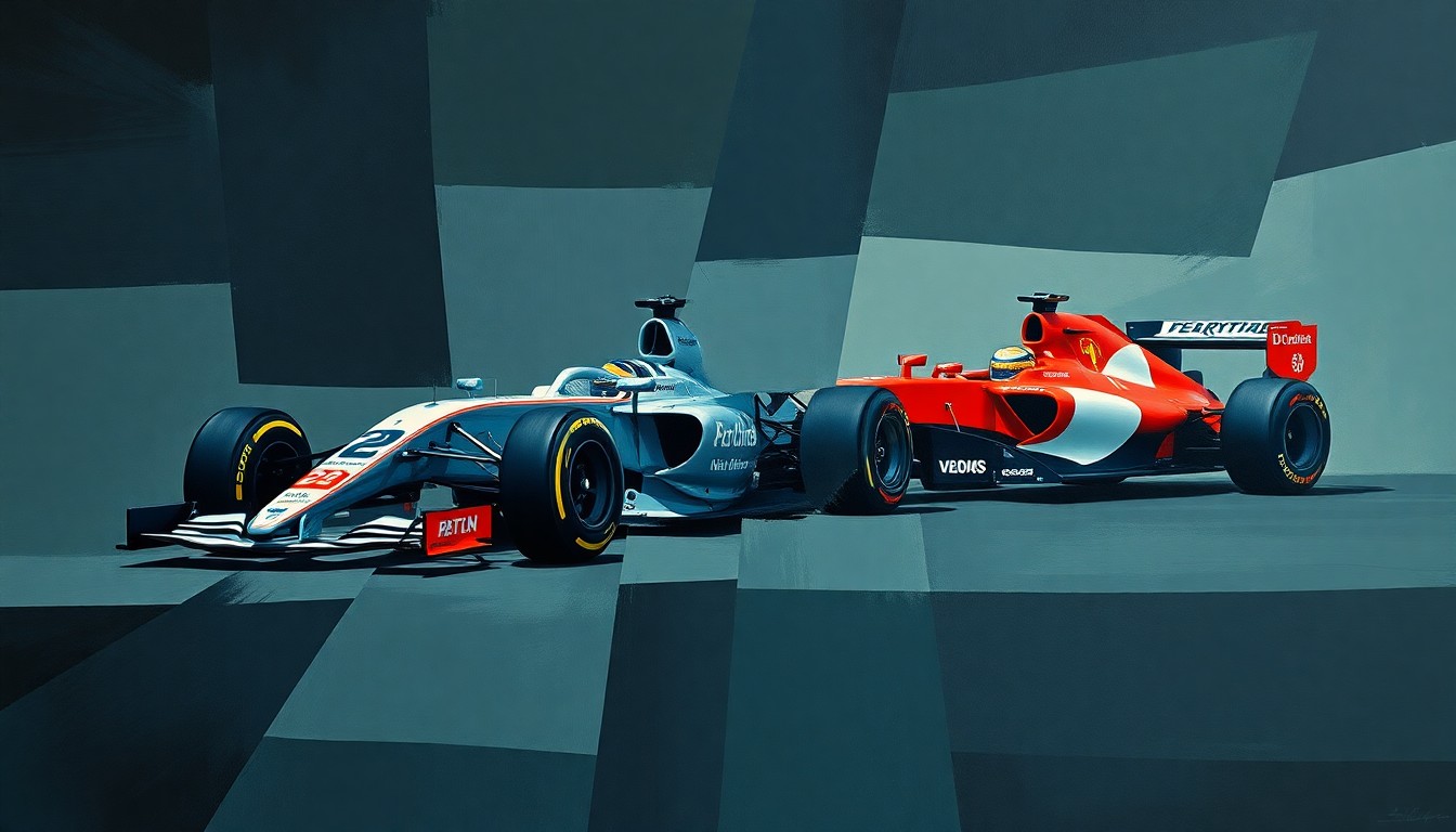 A fractured, cubist-style painting depicting the silhouettes of a Formula 2 race car and an Indianapolis 500 car broken down into sharp, overlapping geometric shapes in a palette of dark blues, greys, and reds, conceptually representing the scheduling conflict that prevents Colton Herta from competing in both series.