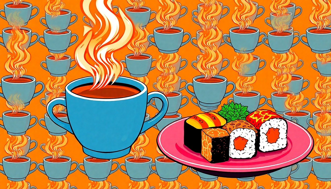 A vibrant, abstract grid of brightly colored silkscreen images depicting a coffee cup and a plate of sushi, representing the new dining options coming to One Social Food Hall.