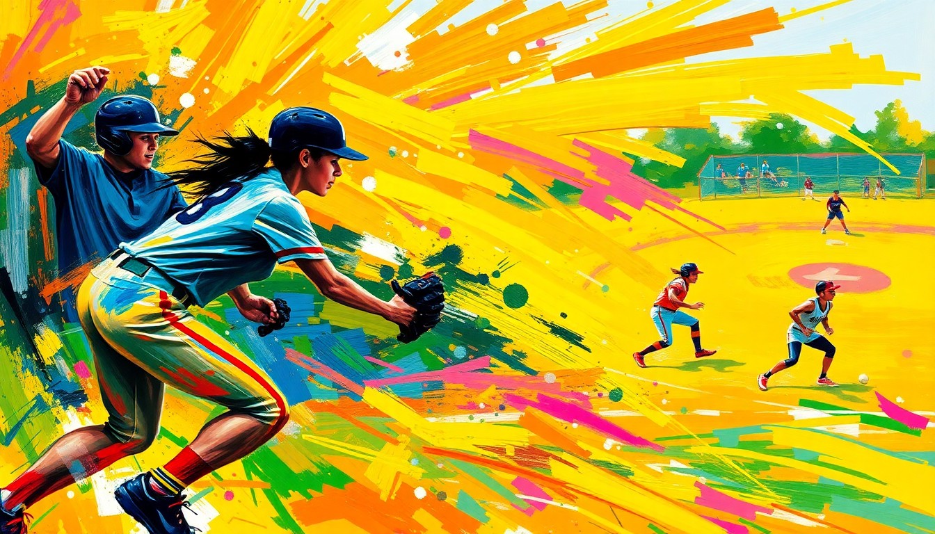 An abstract, textured painting in bright, neon-like colors, with sweeping brushstrokes evoking the energy and motion of a high school softball game.