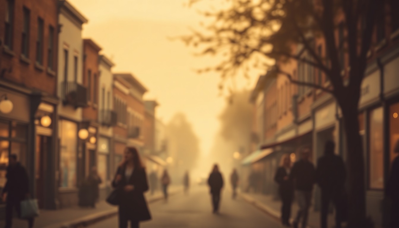 An abstract, out-of-focus photograph in warm, muted tones depicting a small-town main street scene, with blurred silhouettes of people and buildings creating an atmospheric, nostalgic mood that conceptually represents the loss of a community member.