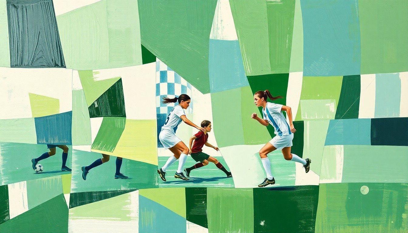 A cubist, geometric painting depicting a girls soccer match, with overlapping planes of green, blue, and white representing the players and field of play.