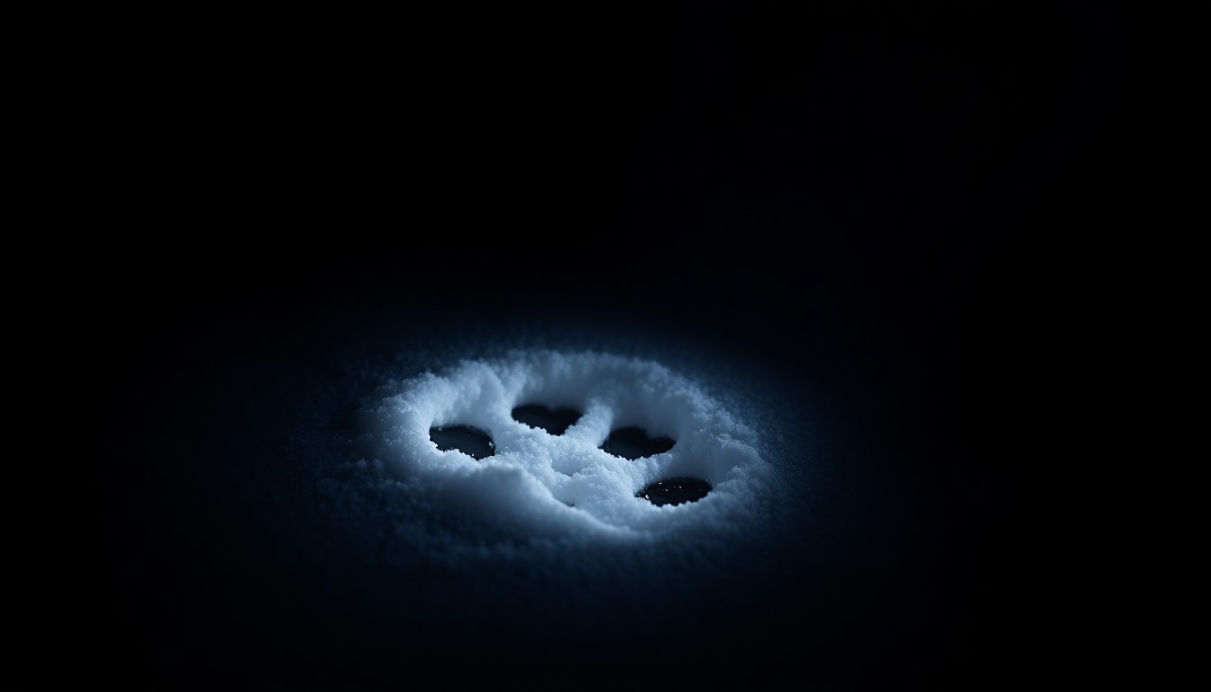 An extreme close-up photograph of a wolf's paw print in the snow, lit by a harsh, direct camera flash against a pitch-black background, creating a stark, gritty, investigative aesthetic.