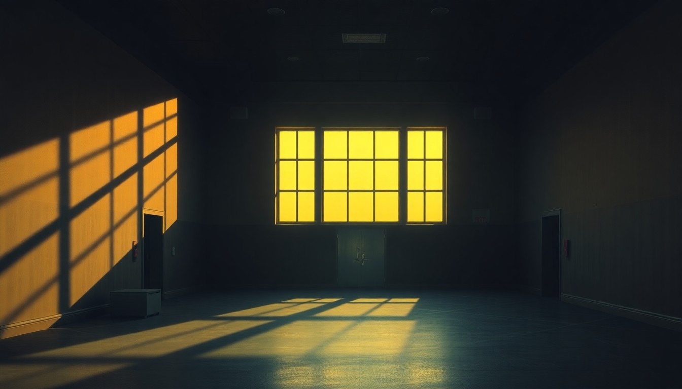 A dimly lit, cinematic painting of an empty government office or building, with warm sunlight streaming through the windows and deep shadows cast across the walls, conveying a sense of solemnity and unease surrounding an unresolved political investigation.