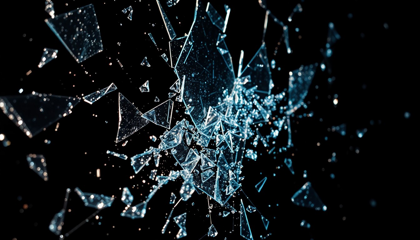 An extreme close-up photograph of shattered glass and glittering shards in dramatic, high-contrast studio lighting, conceptually representing the disruption and violence of a celebrity stalking incident.