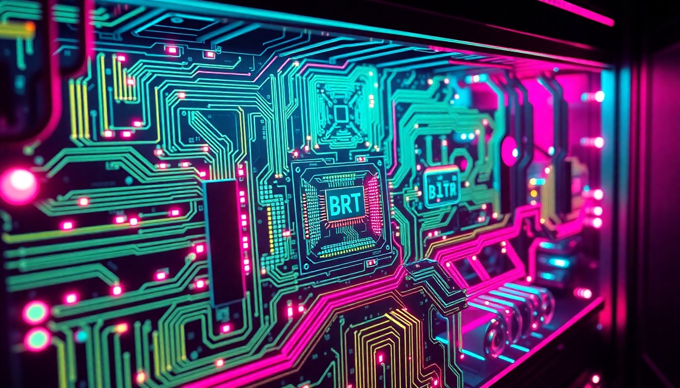 A highly detailed, glowing 3D illustration of a complex circuit board or server hardware, with neon cyan and magenta lights illuminating the intricate digital infrastructure, conceptually representing the hidden, technical foundations powering the world of cryptocurrency and blockchain technology.