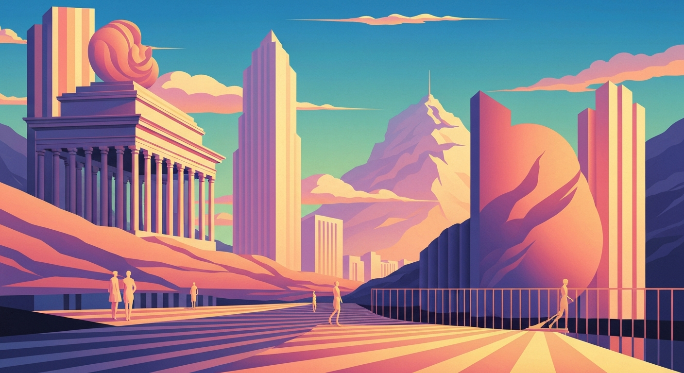 A highly stylized, geometric illustration in the Art Deco style, featuring sweeping, smooth gradients and towering, streamlined architectural forms that evoke the grand scale and romance of travel, without any literal depictions of people, places, or text.