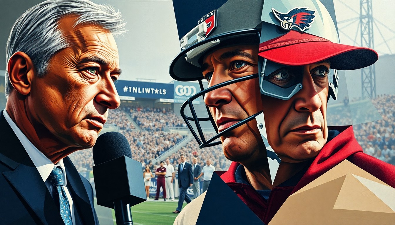 A fragmented, geometric painting depicting the intertwined relationship between a sports reporter and a football coach, with their figures broken down into sharp, overlapping planes of color and form.