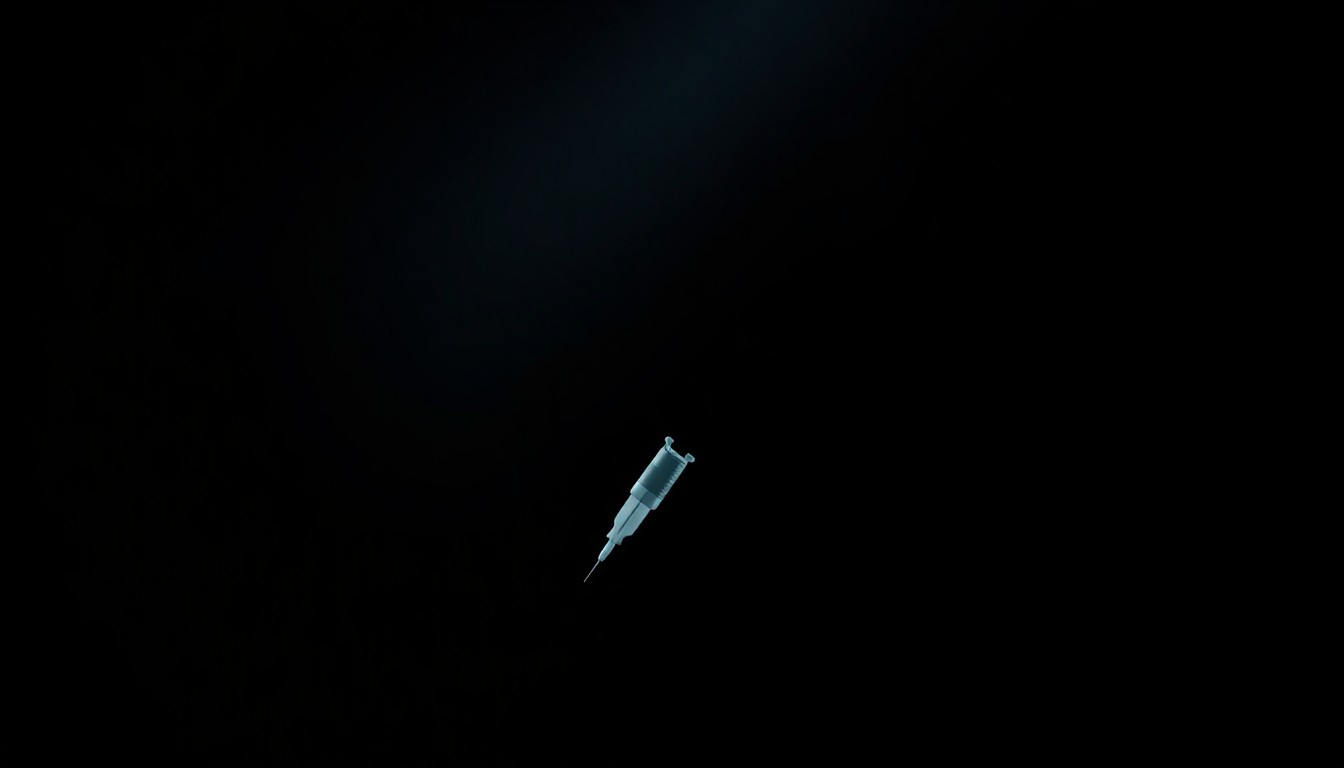 An extreme close-up photograph of a medical supply item, such as a syringe, lit by a harsh, direct camera flash against a pitch-black background, conveying a stark, gritty, and investigative aesthetic without depicting any violence.