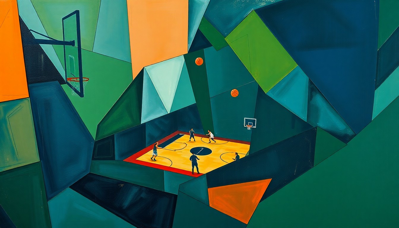 A fragmented, geometric painting depicting a basketball game, with sharp planes of navy, green, and orange intersecting to create a dynamic, multi-perspective composition.