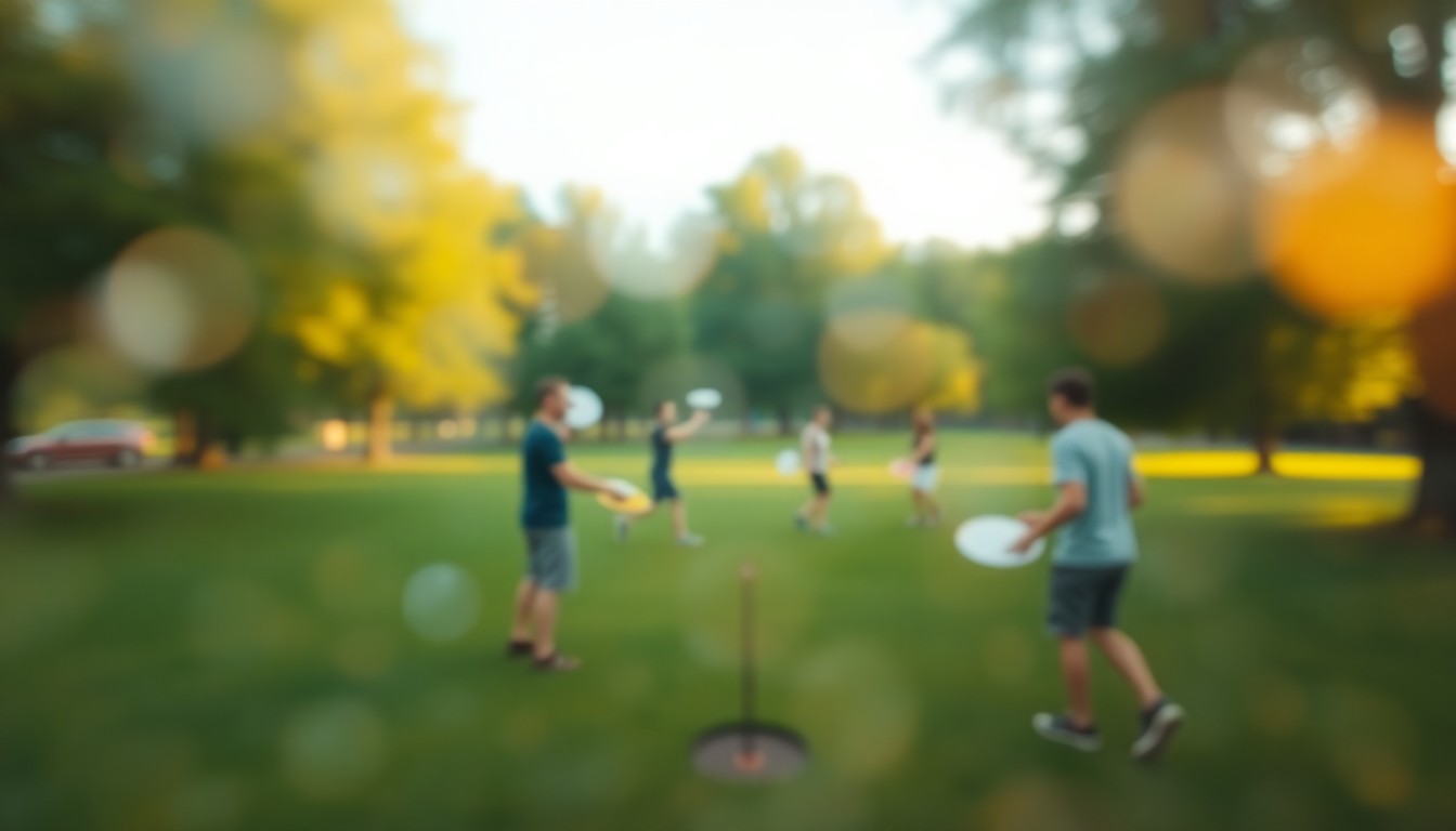 An impressionistic, out-of-focus photograph showing the silhouettes of people playing disc golf in a lush, green park, with soft pools of warm light and color creating a dreamlike, atmospheric scene.
