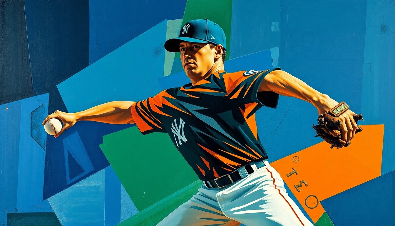 A cubist, geometric painting depicting a baseball pitcher's motion broken down into sharp, overlapping planes of navy blue, forest green, and burnt orange, conveying the unconventional nature of Holmes' recovery and its importance to the Braves.