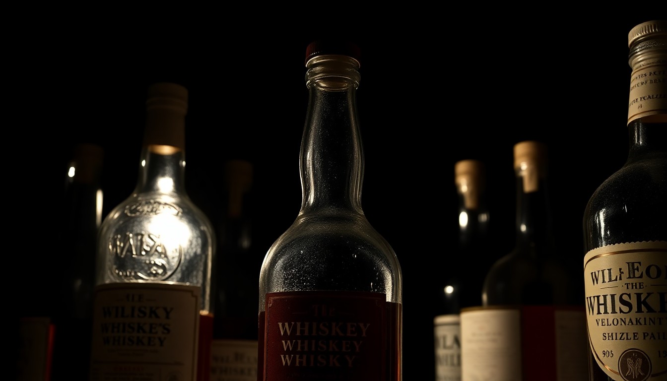 An extreme close-up photograph of several empty whiskey bottles against a pitch-black background, sharply lit by a harsh camera flash to create a stark, gritty investigative aesthetic.