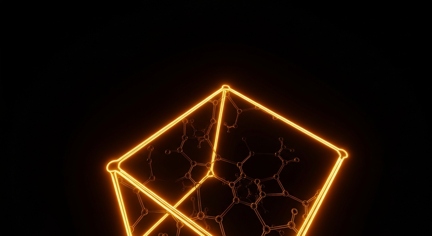 A glowing neon outline of a complex molecular structure or medical device, floating against a dark background and conceptually representing the growing role of AI in healthcare innovation.