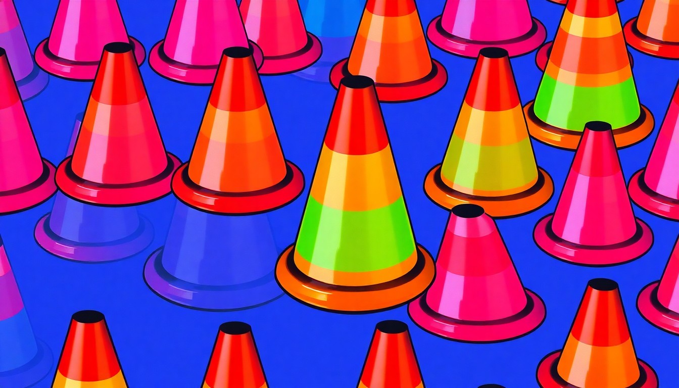 A bold, colorful silkscreen print featuring a repeated image of a bright orange road construction cone, capturing the essence of infrastructure improvements in a stylized, pop art format.