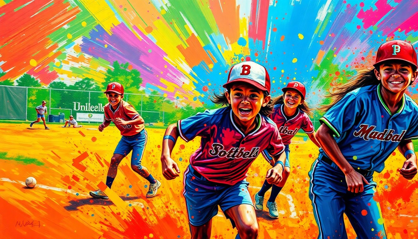 An abstract expressionist painting in vibrant neon colors, with rapid brushstrokes capturing the dynamic motion and energy of a youth sports game.