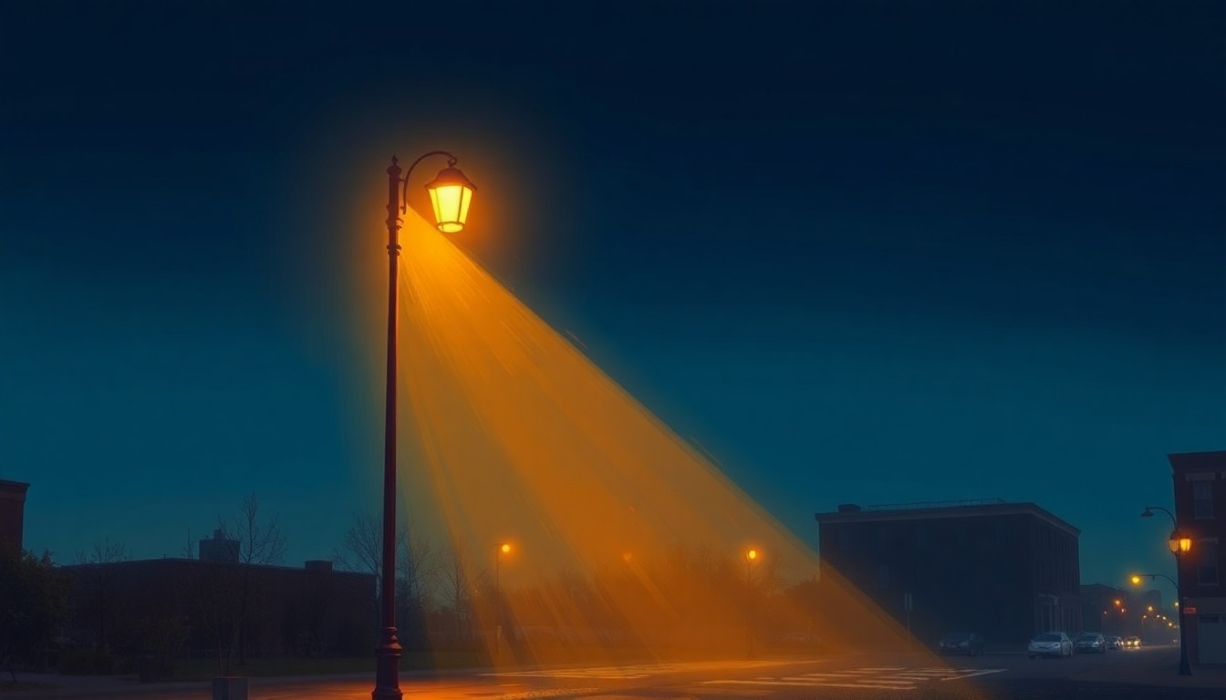 A warm, nostalgic painting of a single street lamp post in a quiet urban setting, with soft light and deep shadows, conceptually representing the community-driven effort to improve the Federal Hill neighborhood.