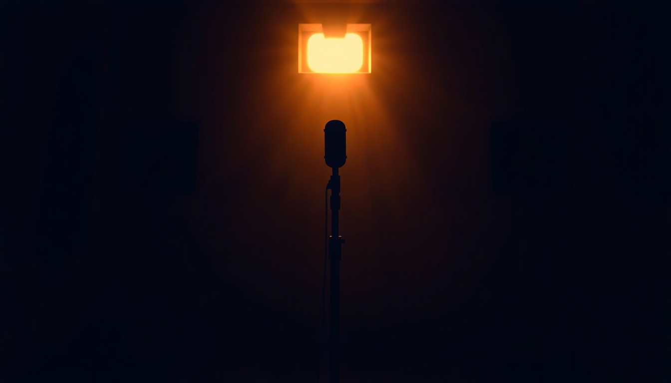 A solitary microphone stand in a dimly lit, empty radio studio, the warm light and deep shadows creating a contemplative, cinematic atmosphere that evokes the weight of journalistic responsibility.