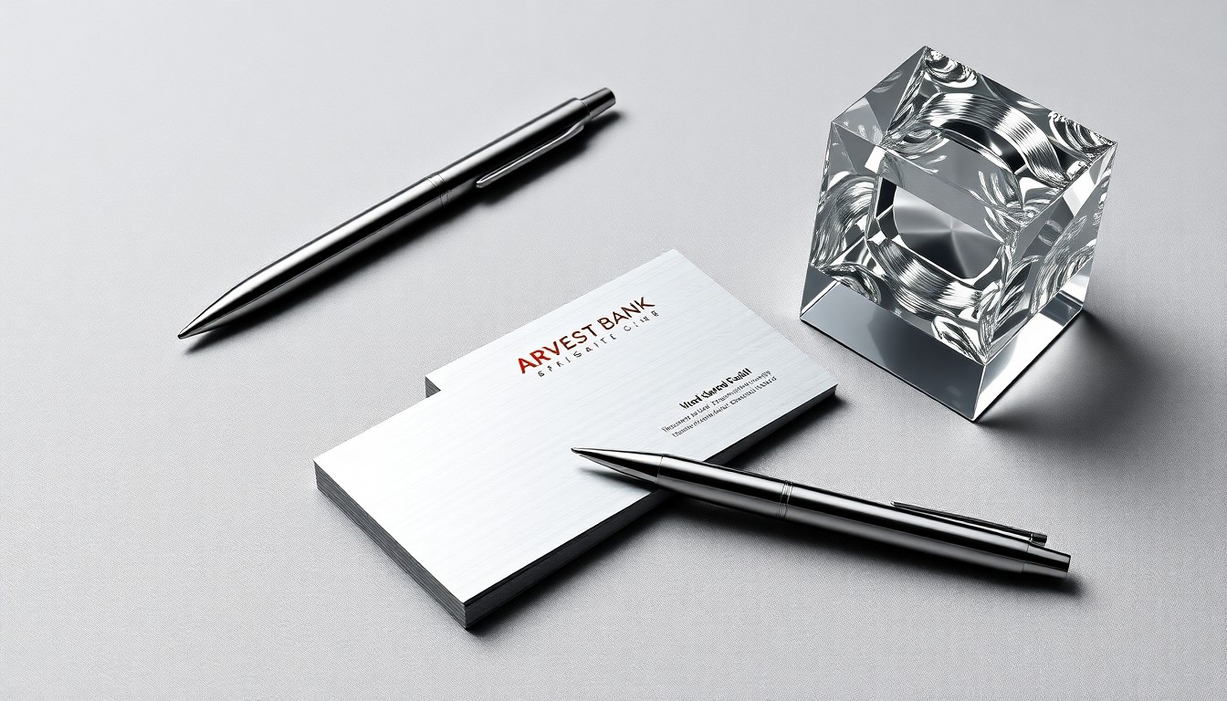 A high-end, photorealistic studio still-life photograph featuring a stack of polished metal business cards, a sleek metal pen, and a modern glass paperweight on a clean, monochromatic background, conceptually representing the promotions and leadership changes at Arvest Bank's Springfield region.