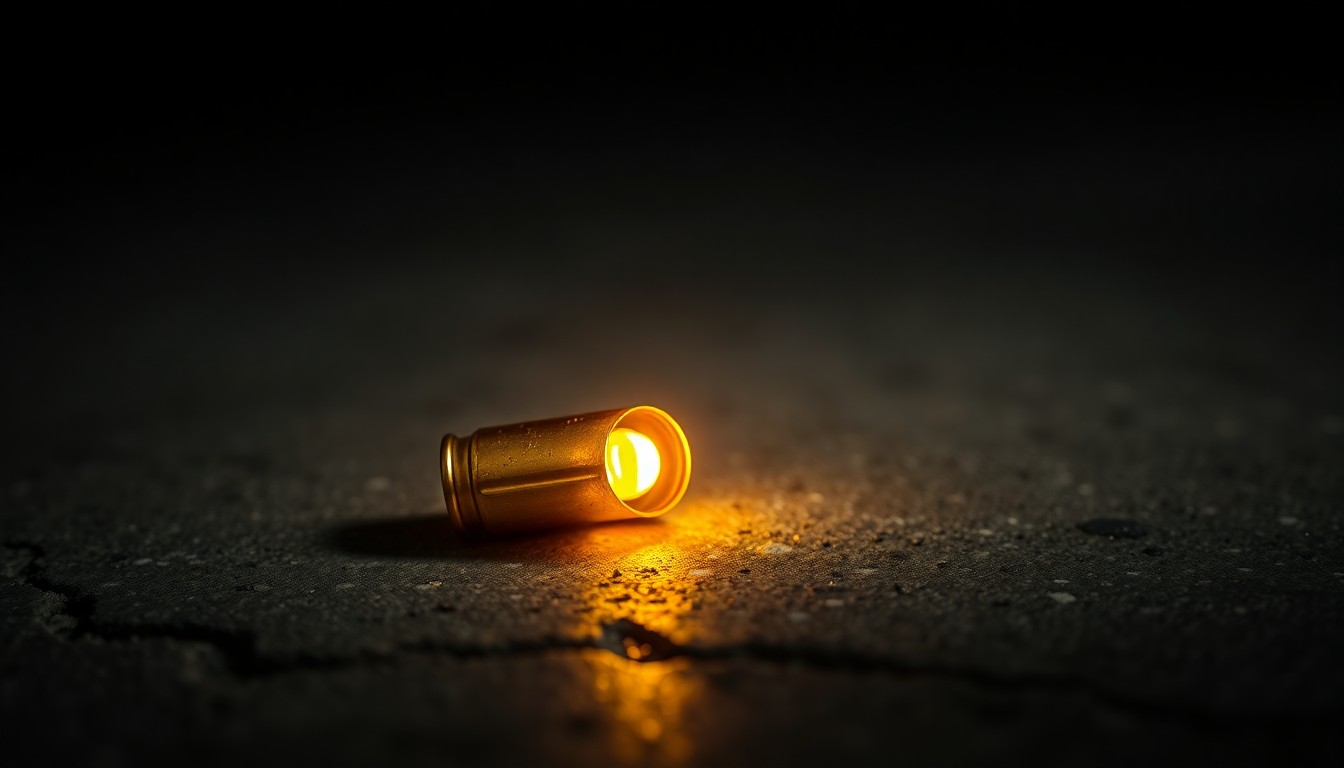 An extreme close-up of a shiny spent bullet casing resting on a rough concrete surface, dramatically lit by a harsh camera flash to create a stark, gritty aesthetic that evokes the investigation into a recent deadly shooting.