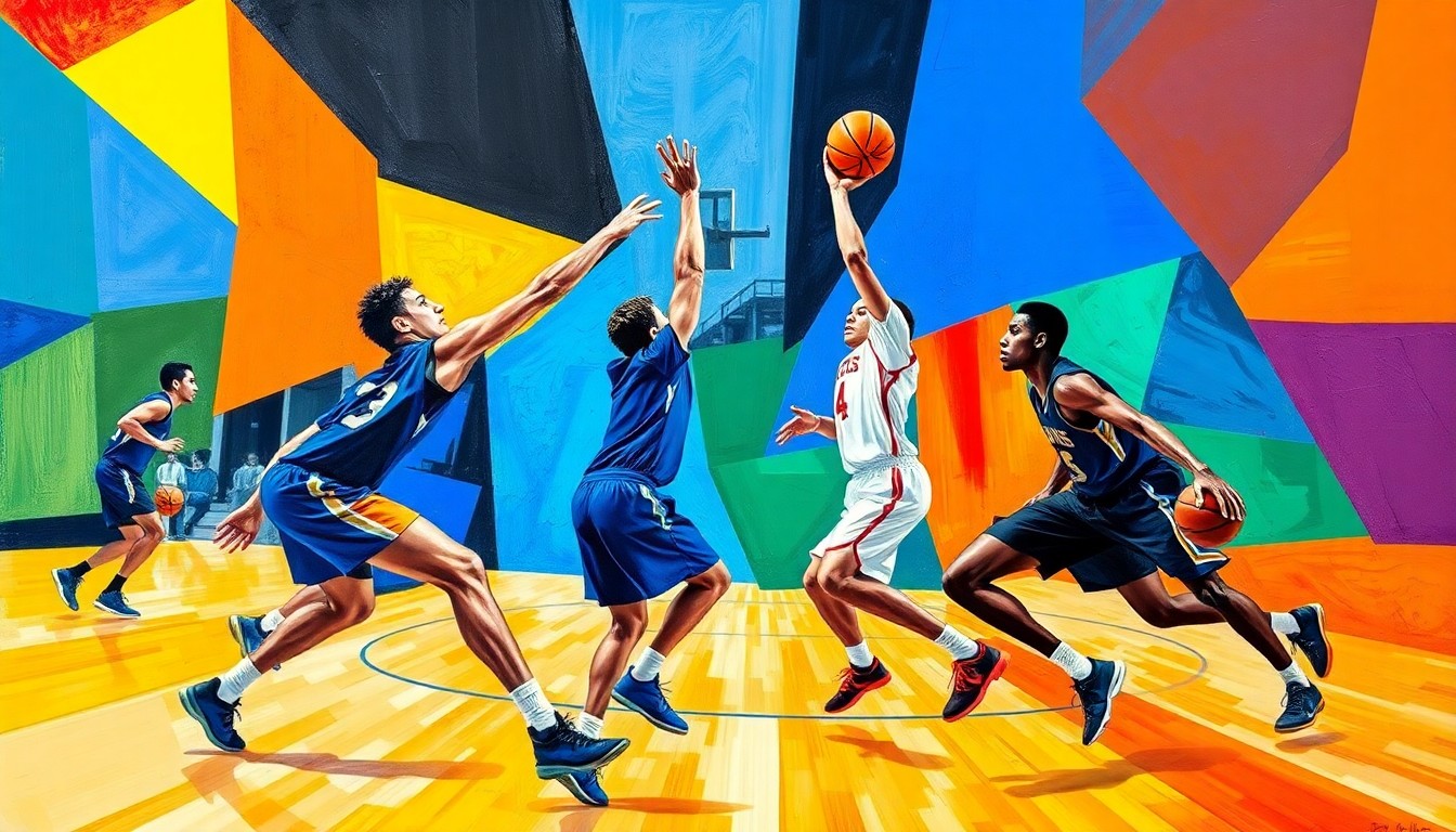 A cubist-style painting featuring overlapping geometric shapes and planes of vibrant colors, capturing the energy and movement of a high school basketball game in an abstract, deconstructed manner.