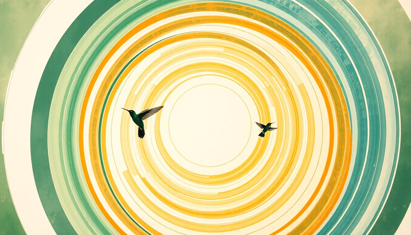 A bold, abstract painting in the style of Hilma af Klint, featuring sweeping geometric arcs, concentric circles, and precise botanical spirals in earthy green, sky blue, and sunset orange tones, conceptually representing the migratory patterns of hummingbirds across Tennessee.