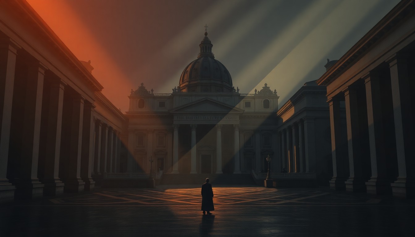A cinematic painting of the exterior of the Vatican, with warm sunlight and deep shadows creating a moody, nostalgic atmosphere. A solitary figure stands in the foreground, symbolizing the political tension between the U.S. and the Holy See.