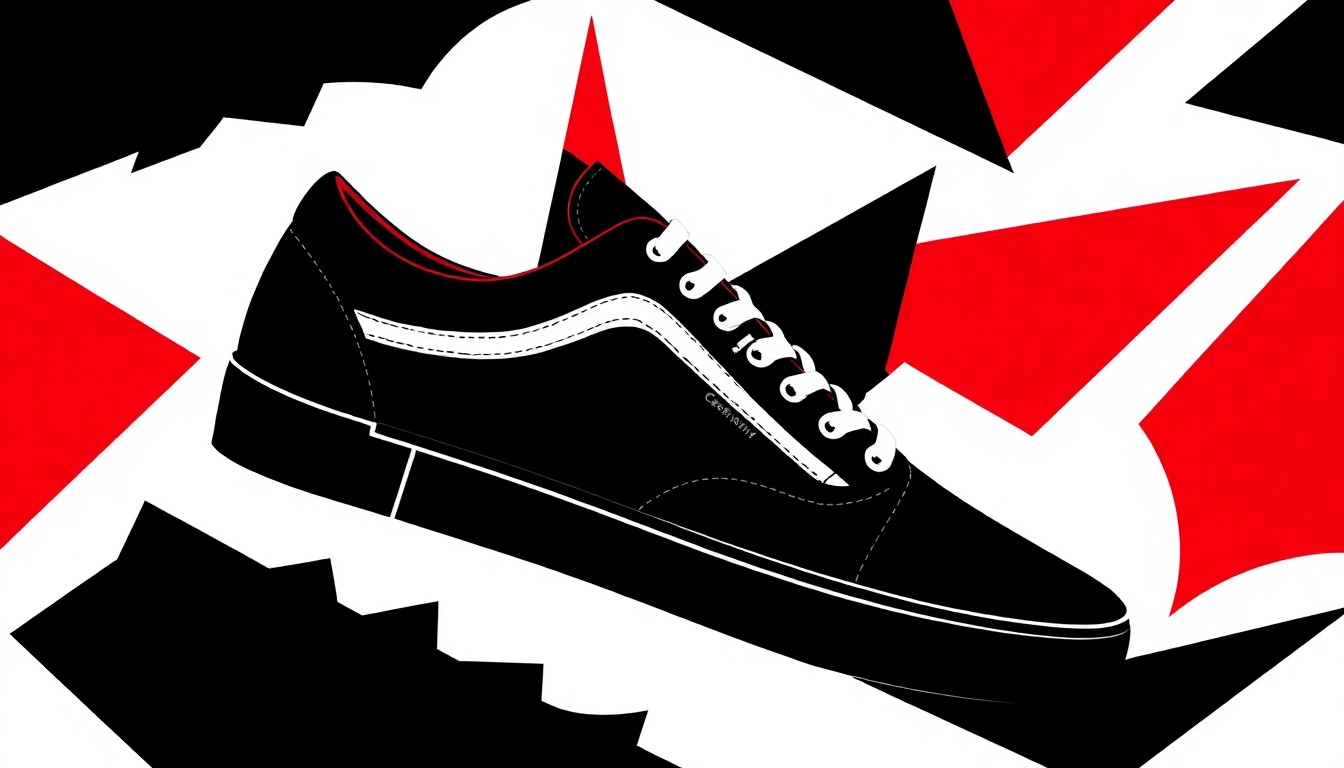 A striking abstract illustration using jagged, geometric black shapes against a bright red background, conceptually representing the Crenshaw Skate Club and Vans sneaker collaboration.