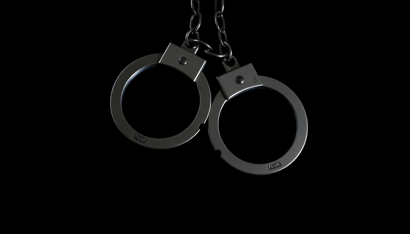An extreme close-up of a pair of metal handcuffs against a pitch-black background, the harsh flash creating dramatic shadows and textures to convey a sense of stern, unyielding consequences.