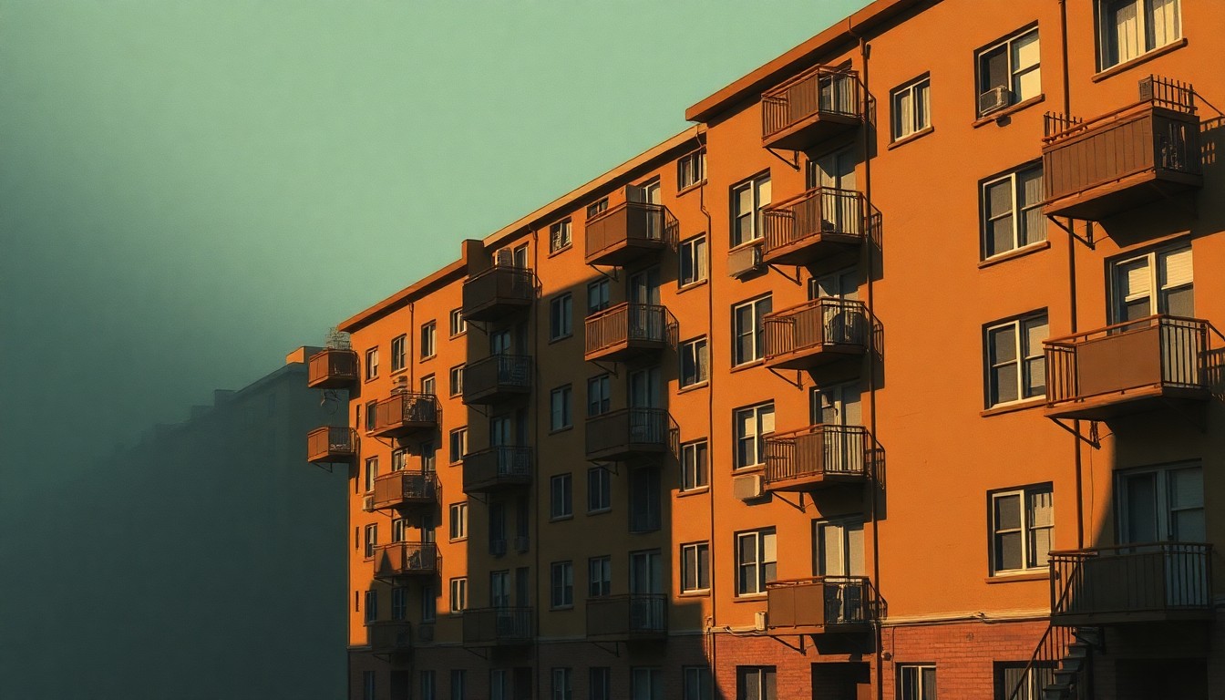 A serene, cinematic painting depicting a row of modest, aging apartment buildings in muted earth tones, with warm sunlight casting long shadows across the scene, conceptually representing the challenges of regional housing coordination.