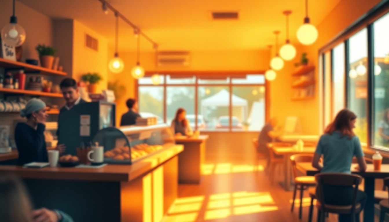 An extremely abstracted, out-of-focus photograph of the interior of a cozy coffee shop, with soft pools of warm light and color highlighting the details of the space, conceptually representing the welcoming and community-focused nature of the local business.