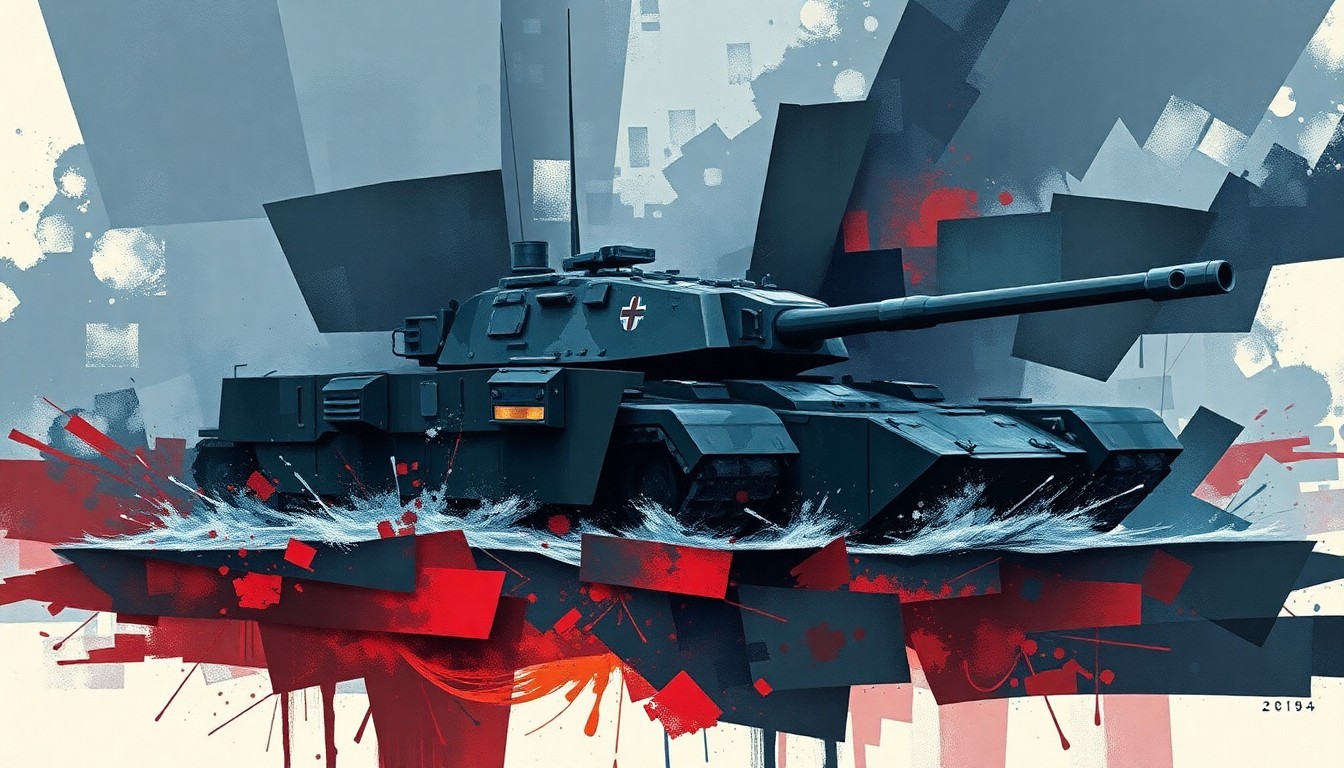 A dynamic, abstract painting of a military vehicle in shades of blue, grey, and red, with overlapping geometric shapes and fractured lines conveying a sense of motion and conflict.
