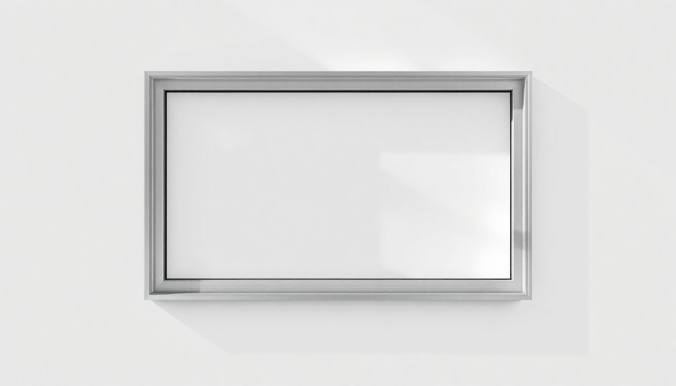A high-end, photorealistic studio still-life photograph of a single, polished aluminum window frame with clean, geometric lines floating on a solid white background. The frame is illuminated by dramatic, directional studio lighting, casting deep shadows that represent the innovative interior installation technology of the product.