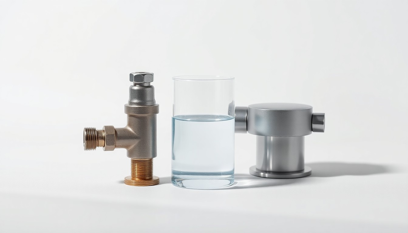 A high-end studio still life photograph featuring a polished metal water valve, a glass beaker filled with clear water, and a sleek, modern water filtration system component, all arranged elegantly on a clean, white background and dramatically lit to conceptually represent water infrastructure and management.