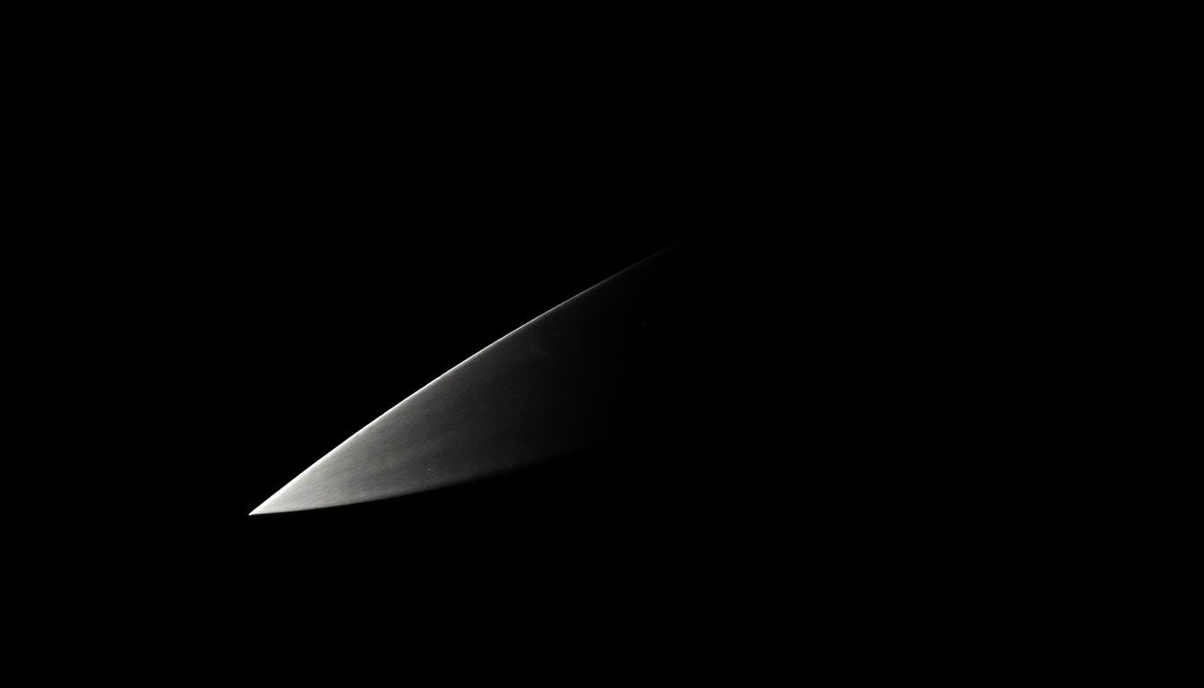 An extreme close-up of a knife blade against a stark black background, the harsh flash creating a gritty, investigative aesthetic without any visible text or symbols.