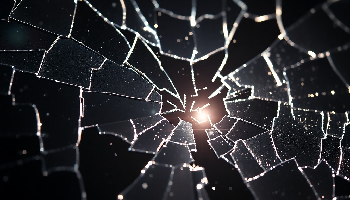 An extreme close-up photograph of a shattered mirror reflecting bright studio lighting, creating an abstract, high-contrast texture of glittering shards that conceptually represents the intense drama and competition of a Jeopardy! game.