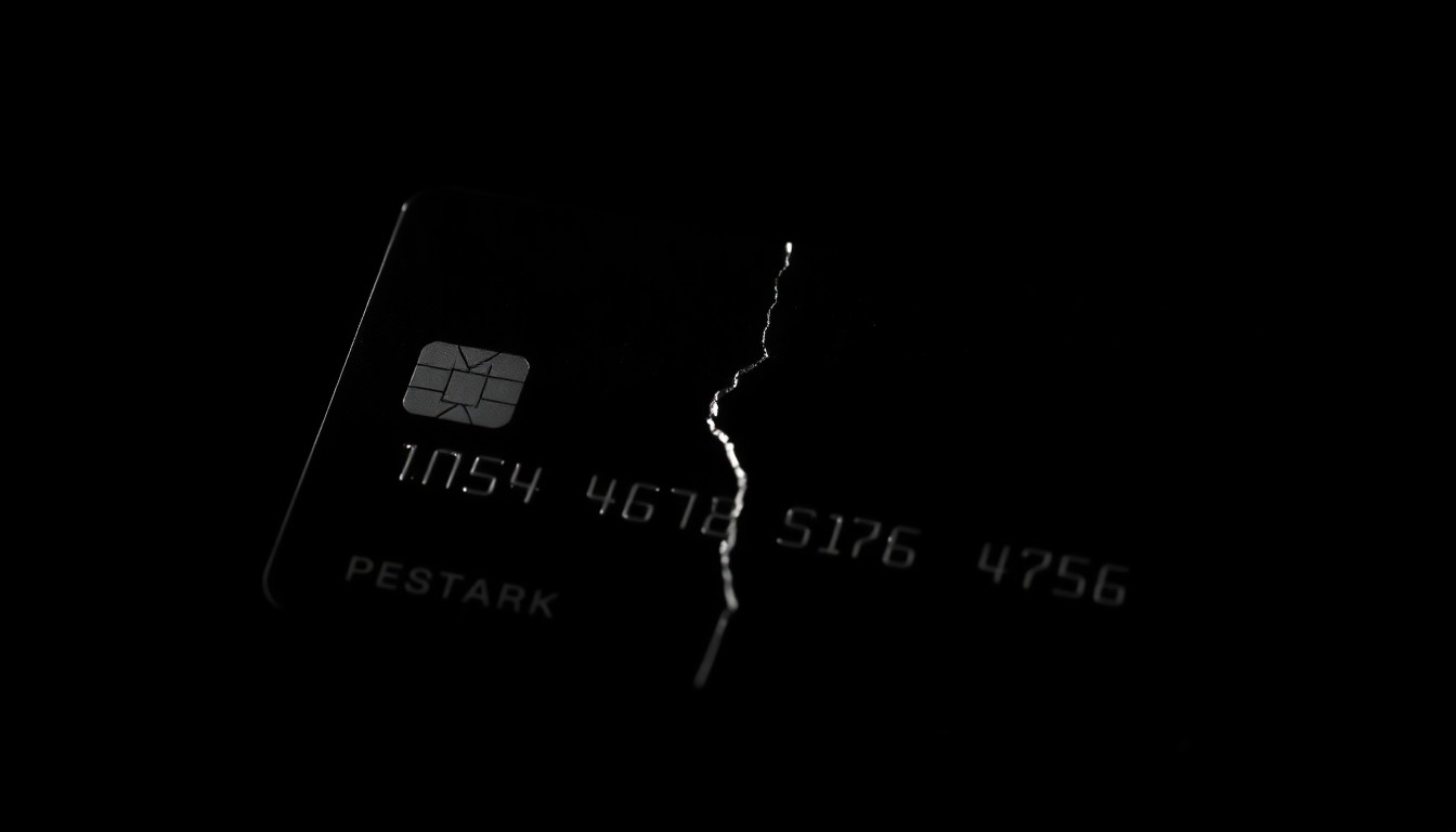 An extreme close-up photograph of a credit card with a cracked magnetic strip, conceptually illustrating the impact of credit card fraud.