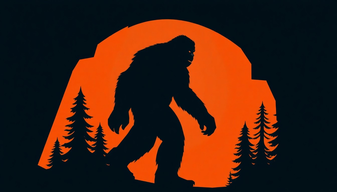 An abstract, minimalist illustration featuring jagged, geometric shapes in earthy tones, conceptually representing the mysterious nature of Bigfoot.