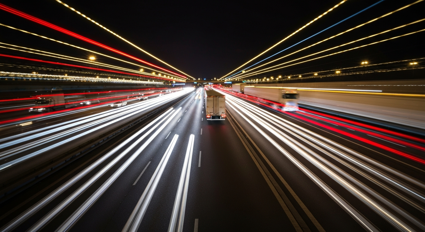 An abstract, blurred image of cars and trucks moving rapidly along a highway at night, with streaks of red, white, and yellow lights creating a sense of high-energy motion and disruption.