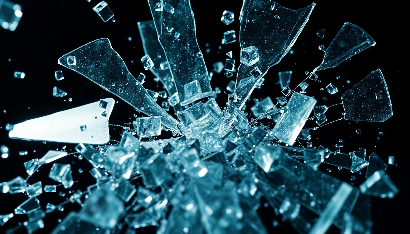 An abstract close-up image of shattered, reflective materials in dramatic high-contrast lighting, conveying the high-tech, high-stakes nature of the Project Hail Mary sci-fi story.