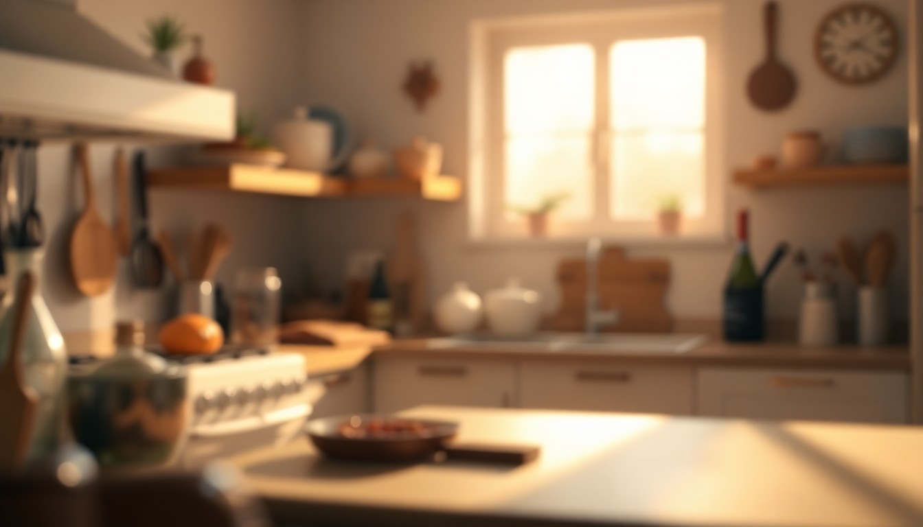 An extremely abstracted, out-of-focus photograph of a kitchen scene, with soft pools of warm light and color creating a cozy, intimate atmosphere.