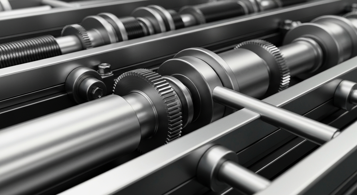 A highly detailed, cinematic close-up of the complex mechanisms and polished metal components that make up the inner workings of a banking institution, conveying a sense of institutional power and financial security without using any literal currency or financial symbols.