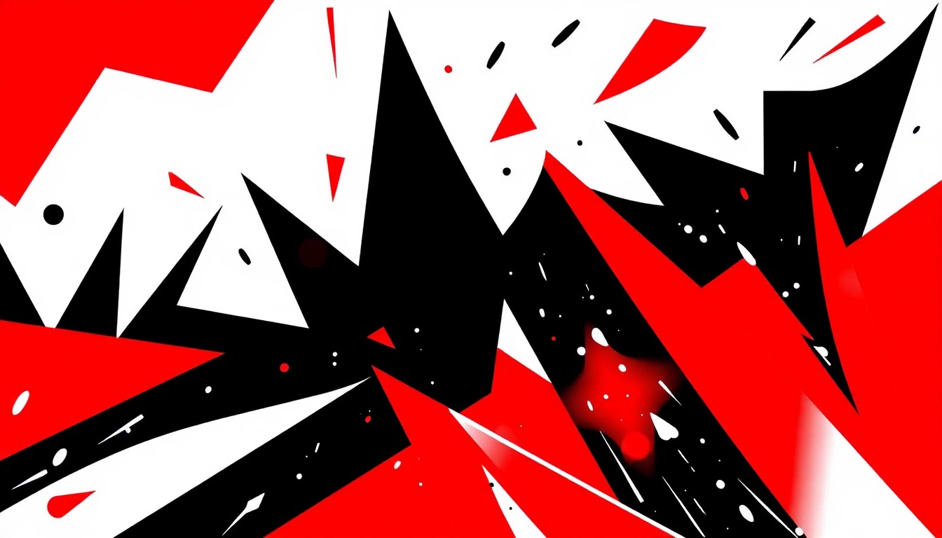 A bold, abstract composition using striking red, white, and black geometric shapes to conceptually represent the high-energy K-pop concert experience.