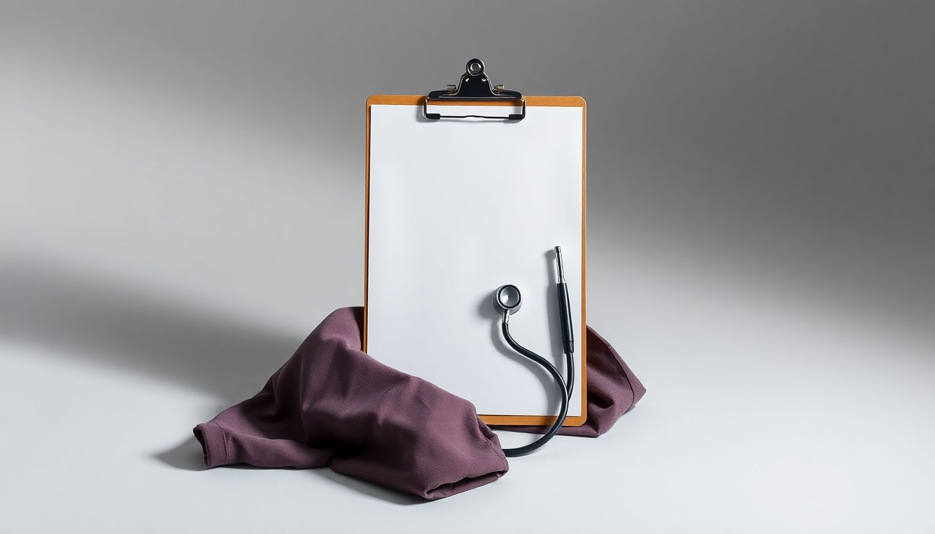 A minimalist studio still life featuring a stethoscope, a clipboard, and a pair of scrubs arranged elegantly on a clean, monochromatic background, conveying the abstract concepts of healthcare, labor negotiations, and corporate strategy.