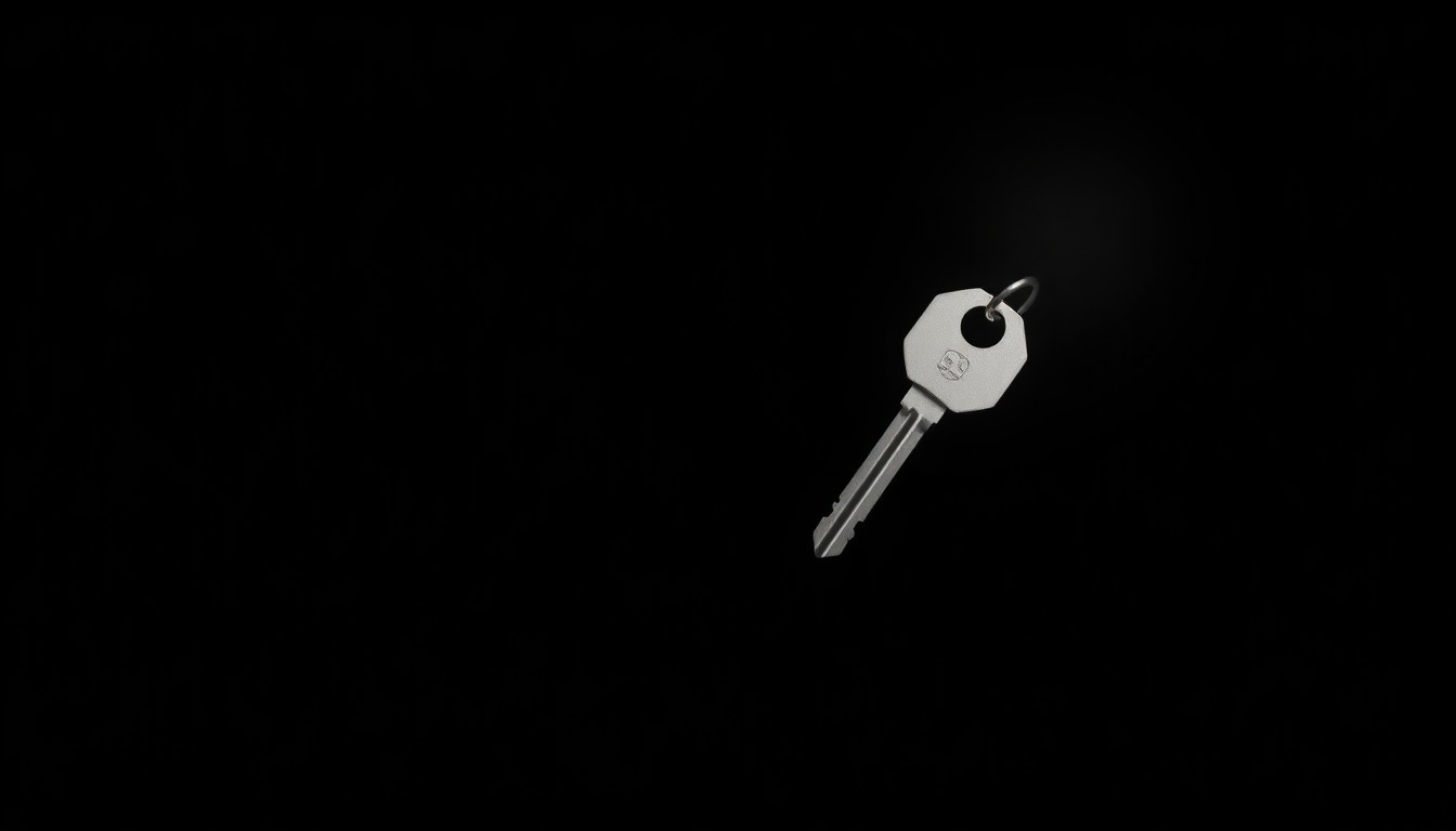 An extreme close-up photograph of a boat key against a pitch-black background, lit by a harsh, direct camera flash, conceptually representing the critical evidence in the investigation into Lynette Hooker's disappearance.