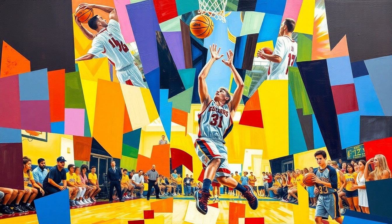 A fragmented, geometric painting in bold colors depicting the dynamic movements of a basketball player in mid-shot, conveying the intensity and skill of the sport.