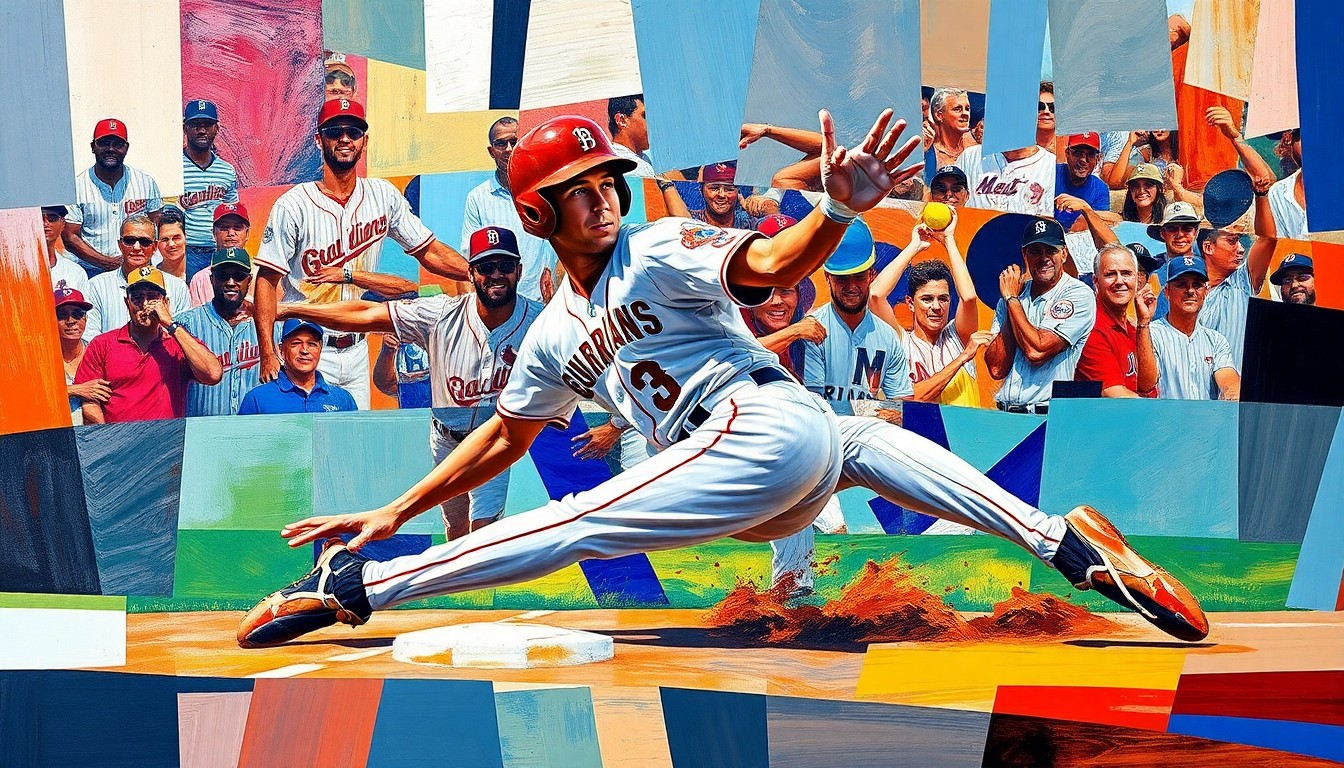 A cubist, geometric painting depicting a baseball player sliding into second base, with the player's body and the field broken down into sharp, overlapping planes of color representing the Guardians' uniforms.