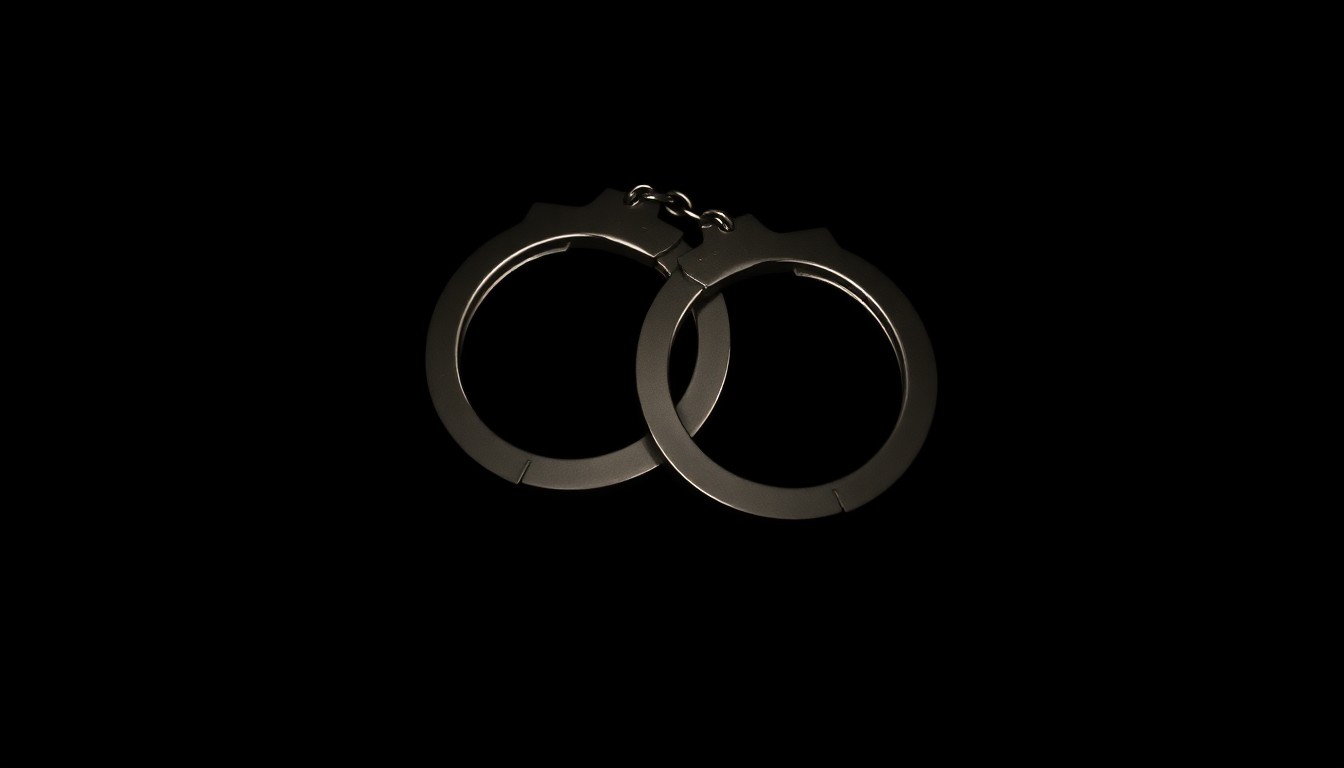 An extreme close-up photograph of a pair of metal handcuffs against a pitch-black background, creating a stark, gritty, investigative aesthetic.