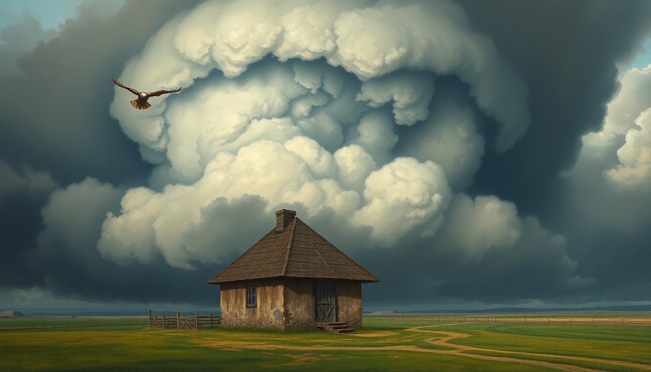 A sweeping, atmospheric landscape painting depicting a small chicken house structure dwarfed by a massive, swirling storm cloud formation in the background, conveying the overwhelming power of nature.