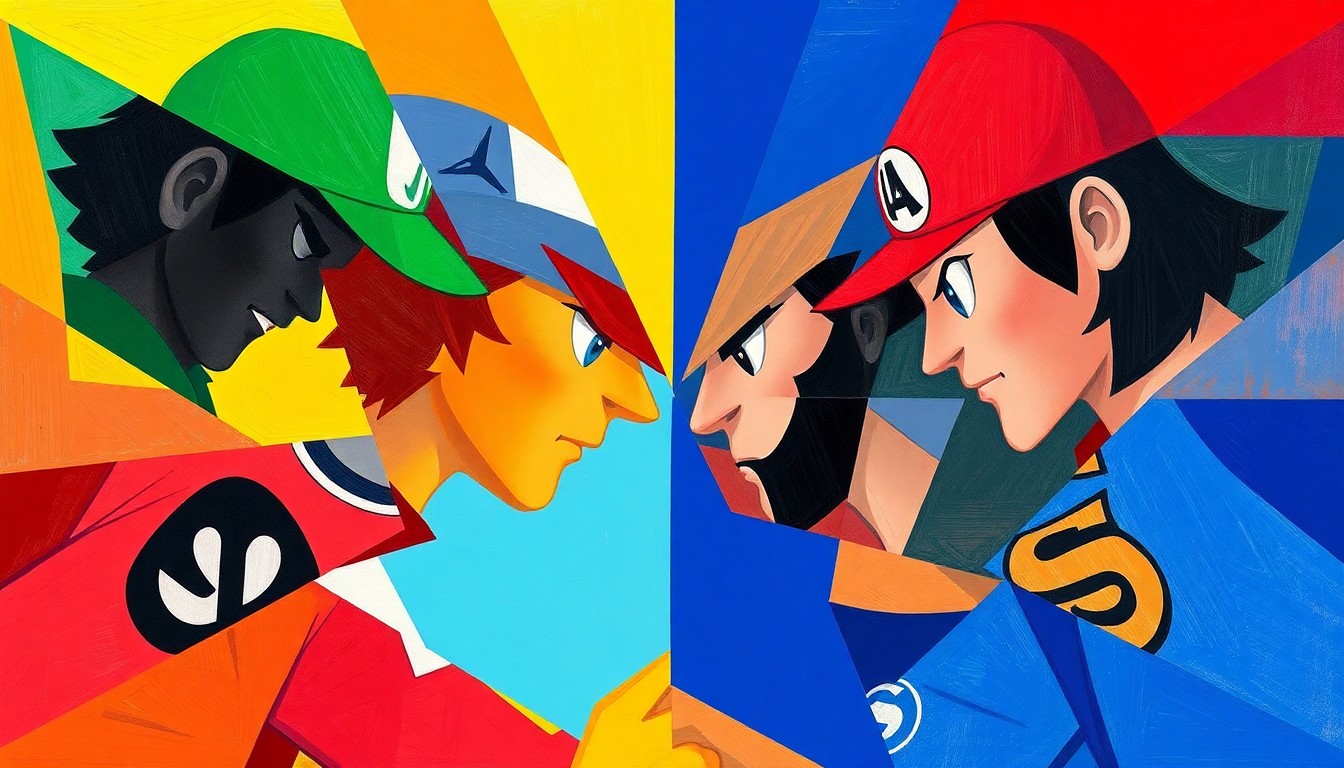 A cubist, geometric painting depicting a Super Smash Bros. Ultimate match, with the players and action broken down into overlapping planes of color and shape.
