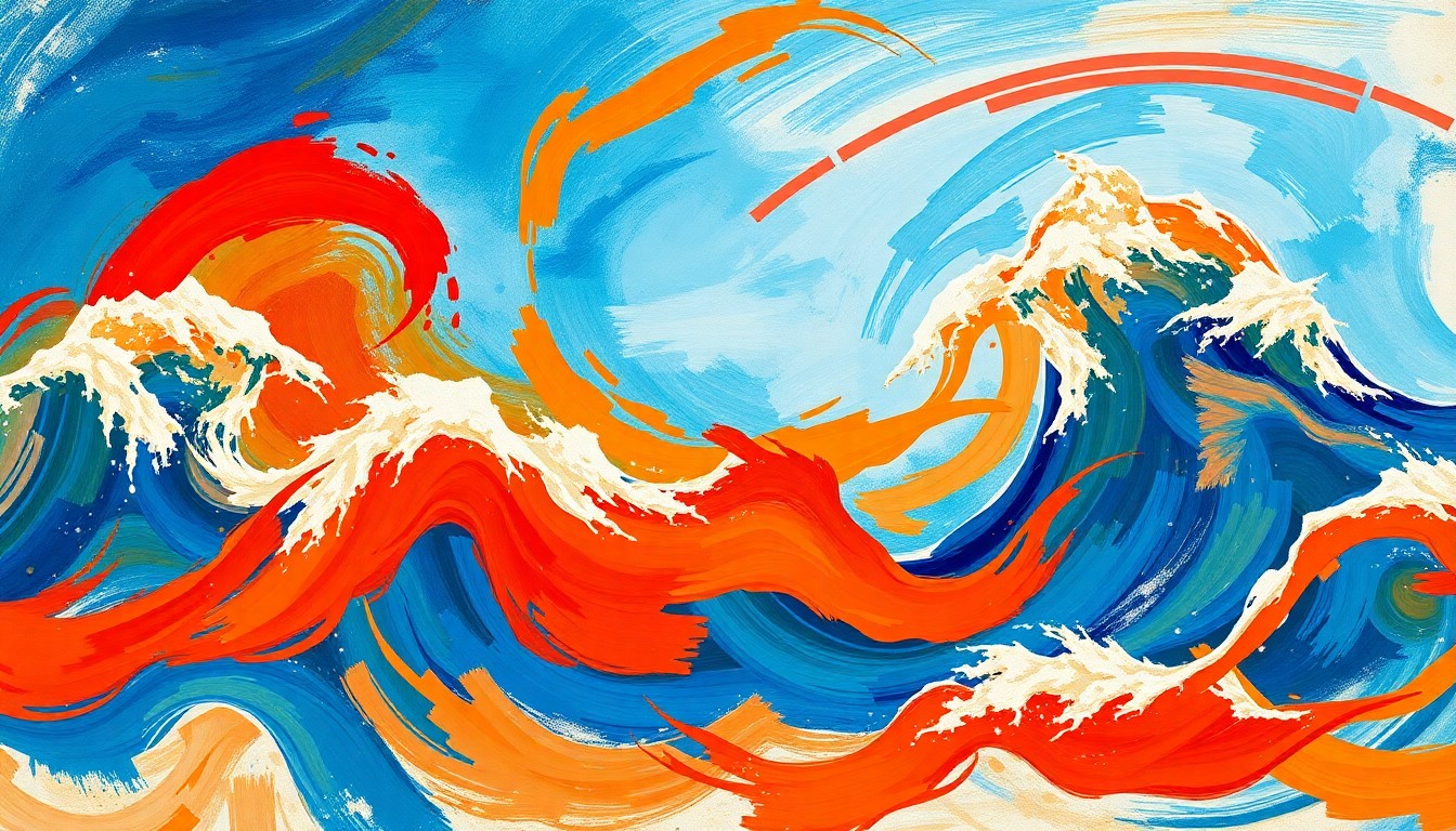 An abstract, avant-garde painting with overlapping, fractured geometric shapes in shades of red, orange, and blue, conveying the turbulent and interconnected nature of global trade and energy flows.